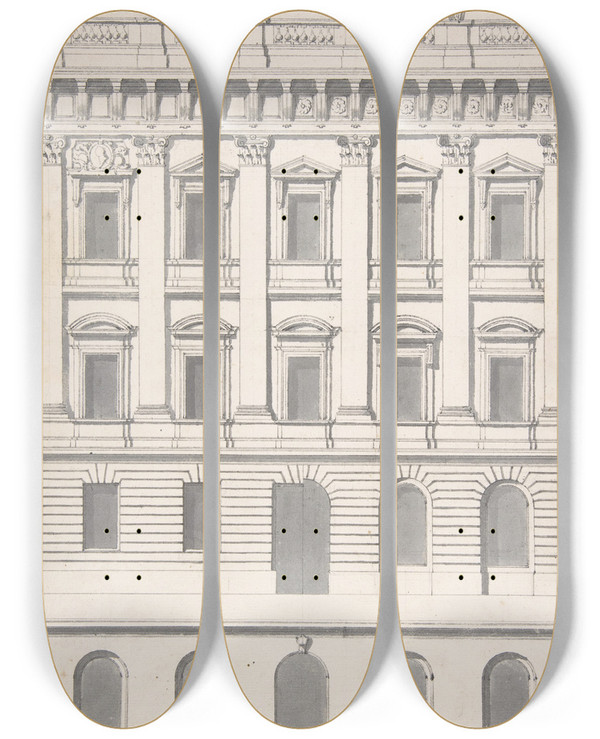 Triptych art skateboard deck of Carl Hrleman Design For A Palace Faade by Carl Harleman (1700-1753)