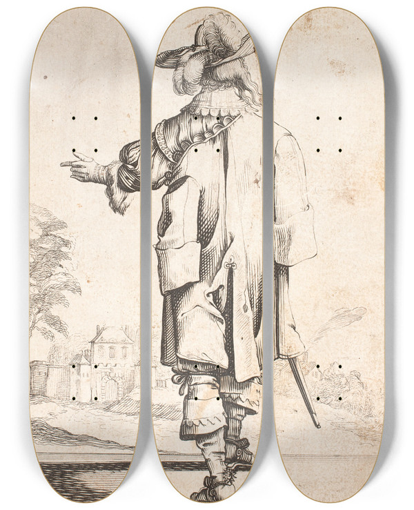 Triptych art skateboard deck of Salomon Savery Gende Rygvendt Mand Med Fjerprydet Har Gestikulerende Med Sin Venstre Hnd I Baggrunden Tv Et Muromkranset Pal by Salomon Savery (1594-1683)