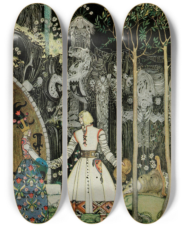 Triptych art skateboard deck of Kay Rasmus Nielsen East Of The Sun And West Of The Moon Pl 17 by Kay Rasmus Nielsen (1886-1957)