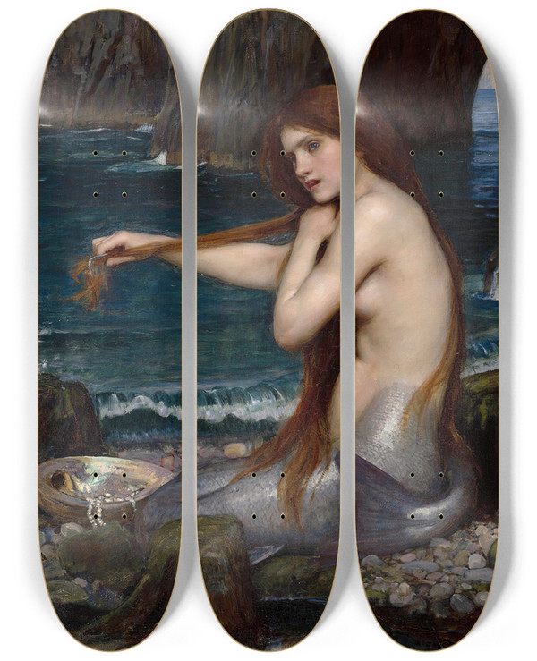 Triptych art skateboard deck of John William Waterhouse A Mermaid by John William Waterhouse (1849-1917)