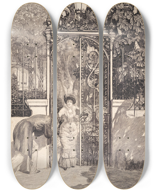Triptych art skateboard deck of Max Klinger At The Gate Am Thor by Max Klinger (1857-1920)
