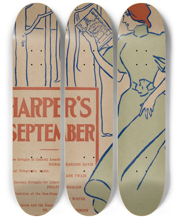 Triptych art skateboard deck of Edward Penfield Harpers September_2 by Edward Penfield (1866-1925)