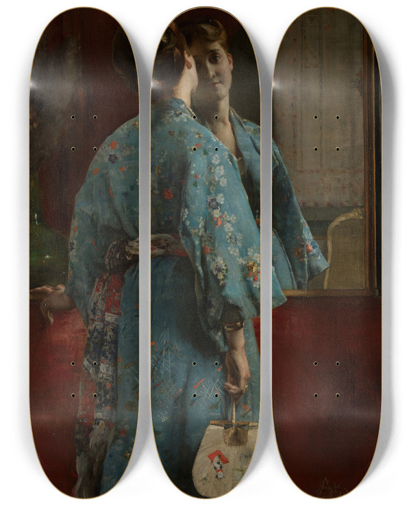 Triptych art skateboard deck of Alfred Stevens The Japanese Robe by Alfred Stevens (1817-1875)