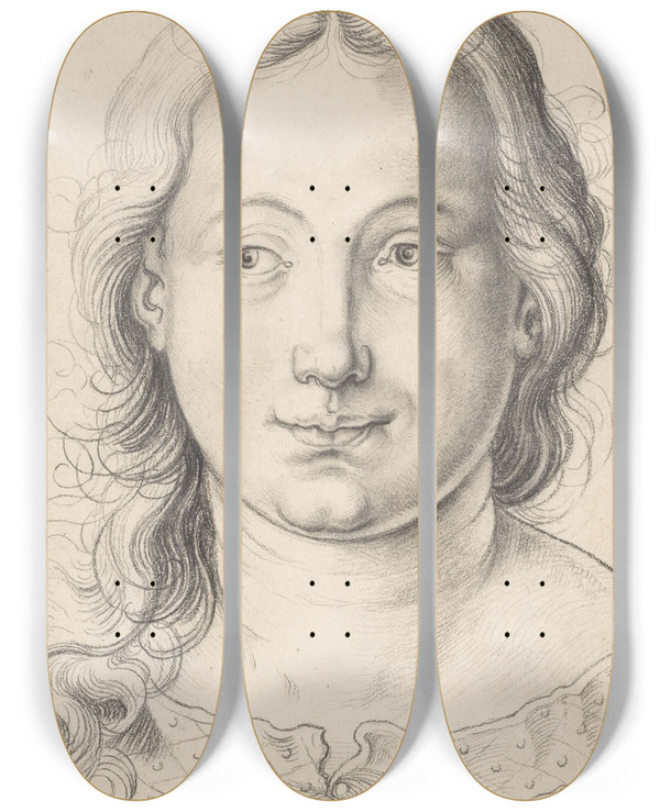 Triptych art skateboard deck of Hans Baldung Head Of A Girl by Hans Baldung (1484-1545)