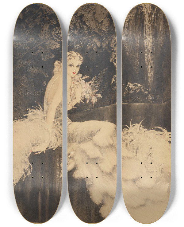 Triptych art skateboard deck of Louis Icart Orchids by Louis Icart (1888-1950)