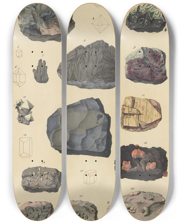 Triptych art skateboard deck of Johann Gottlob Kurr Plate Xxii Molybdenum Ores Chrome Ores Antimony Ores Arsenic Ores by Johann Gottlob Kurr (1798-1870)