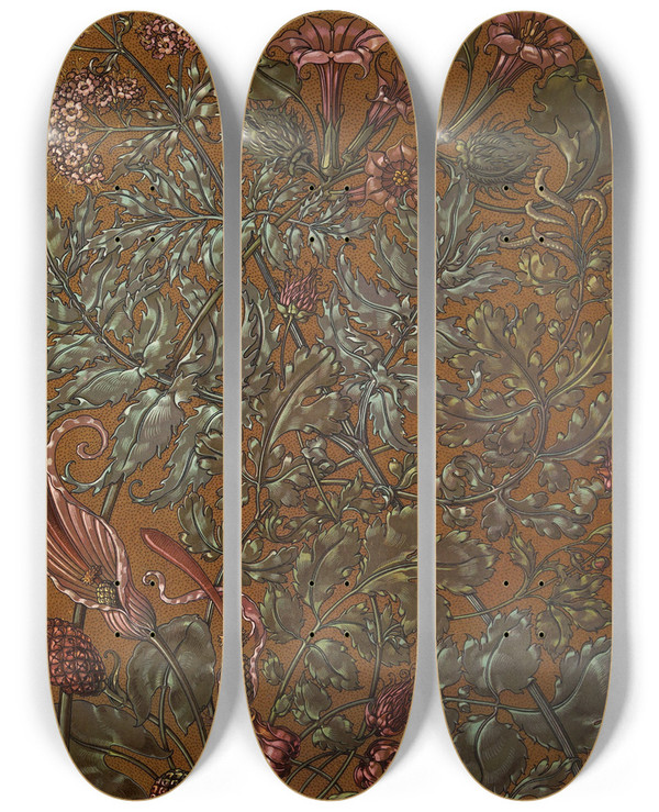 Triptych art skateboard deck of Anton Seder Die Pflanze In Kunst Und Gewerbe Pl061 by Anton Seder (1850-1916)