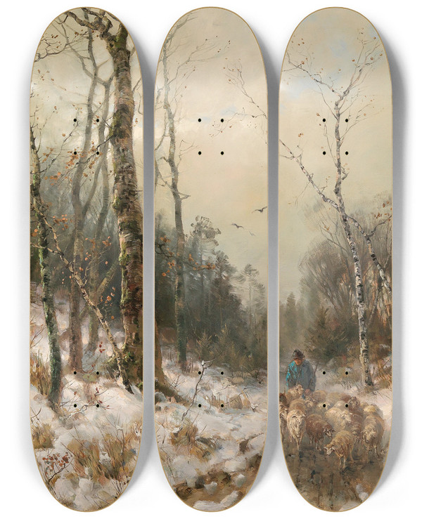 Triptych art skateboard deck of Dsir Thomassin Shepherd Returning Home by Desire Thomassin (1858-1933)