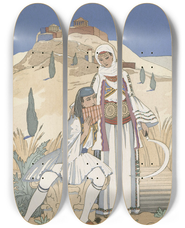 Triptych art skateboard deck of George Barbier La Flute De Pan by George Barbier (1882-1932)