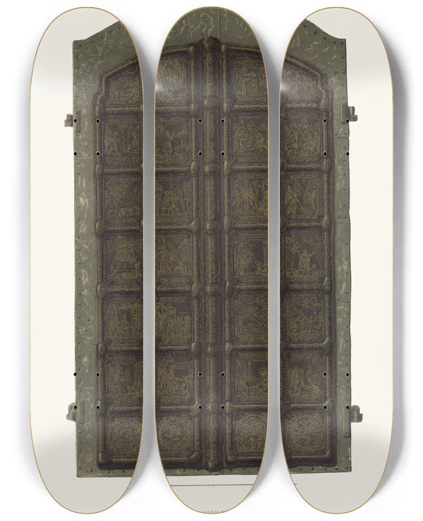 Triptych art skateboard deck of Fedor Grigoryevich Solntsev Mednyia Iuzhnyia Dveri V Suzdalskom Sobore Rozhdestva Bogoroditsy by Fedor Grigoryevich Solntsev (1801-1892)