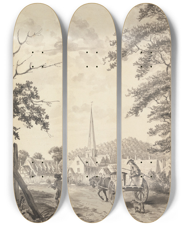 Triptych art skateboard deck of John James Barralet Ledbury Church And Village Herefordshire by John James Barralet