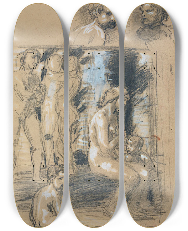 Triptych art skateboard deck of Hans Von Mares Praise Of Modesty by Hans Von Marees (1837-1887)