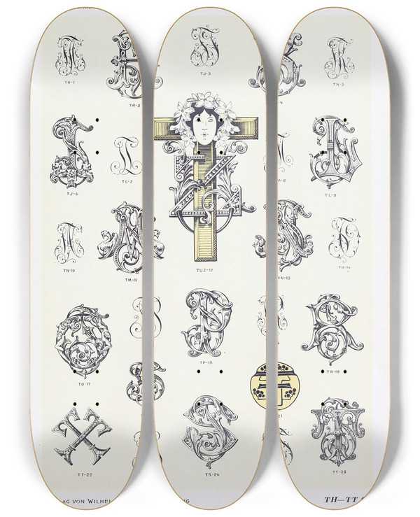 Triptych art skateboard deck of Wilhelm Diebener Monogrammes Und Dekorationen Pl066 by Wilhelm Diebener (1922)