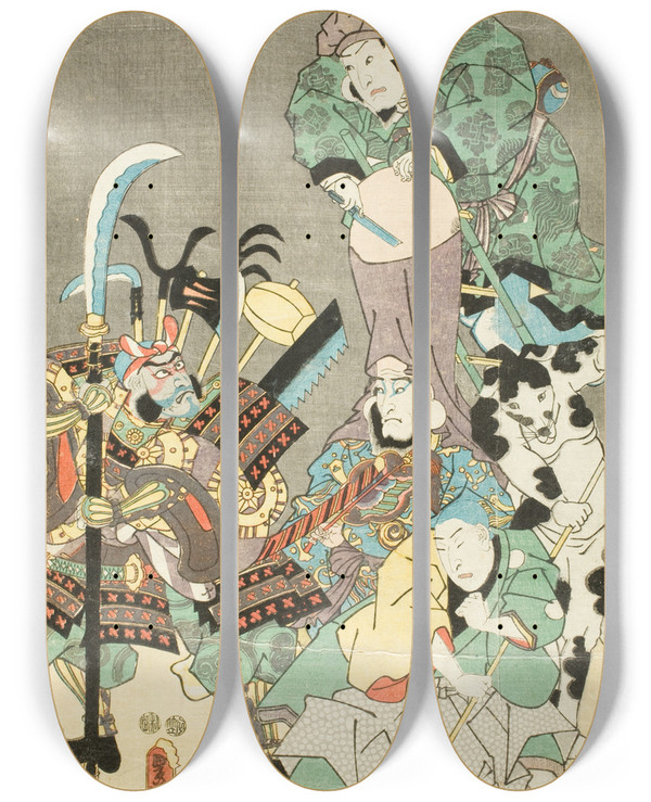 Triptych art skateboard deck of Utagawa Kunisada Toyokuni Iii Actors As Ebisu Fukurokuju Benkei Fox And Hunter In The Style Of Tsue by Utagawa Kunisada (Toyokuni III) (1786-1865)