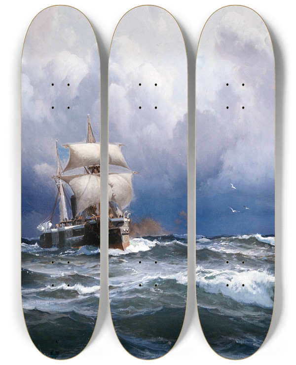 Triptych art skateboard deck of Eduardo De Martino El Almirante Brown Llegando A Puerto by Eduardo de Martino (1838-1912)