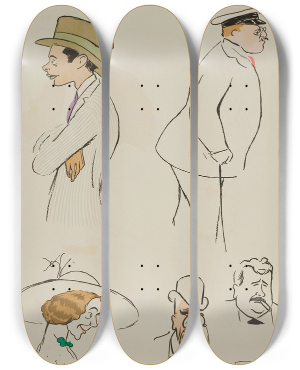 Triptych art skateboard deck of Georges Goursat Sem Hubert Lejeune Rudy Goldsmith Madame Charron Et James Hennessy2 Inconnus by Georges Goursat (Sem) (1863-1934)