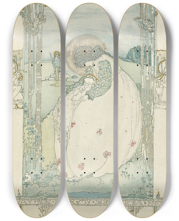 Triptych art skateboard deck of Jessie M King I Pray You Hear My Song Of A Nest by Jessie M King (1875-1949)