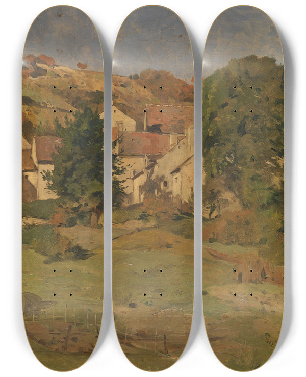 Triptych art skateboard deck of Edmond Charles Joseph Yon A View Near Saintjeandeluz by Edmond Charles Joseph Yon (1836-1897)