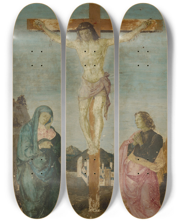 Triptych art skateboard deck of Biagio Dantonio Thecrucifixion by Biagio Dantonio (1446-1516)