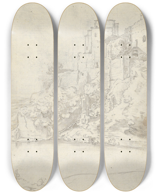 Triptych art skateboard deck of Guilliam Du Gardijn Buildings On The River Aniene Near Tivoli by Guilliam du Gardijn (1597-1647)