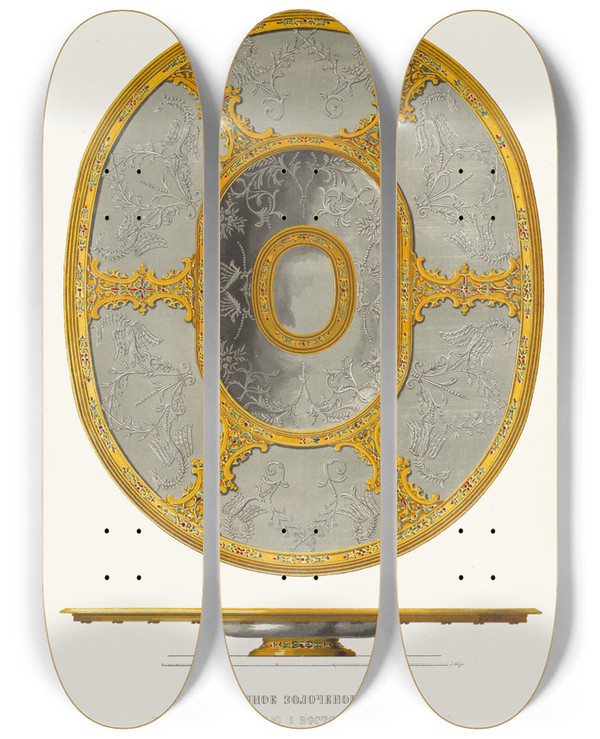 Triptych art skateboard deck of Fedor Grigoryevich Solntsev Serebrianoe Zolochenoe Bliudo Ukrashennoe Emaliu I Vostochnym Khrustalem by Fedor Grigoryevich Solntsev (1801-1892)