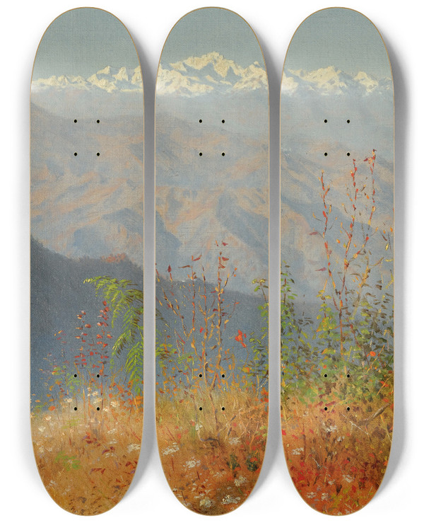 Triptych art skateboard deck of Vasily Vereshchagin Sunset In The Himalayas by Vasily Vereshchagin (1842-1904)