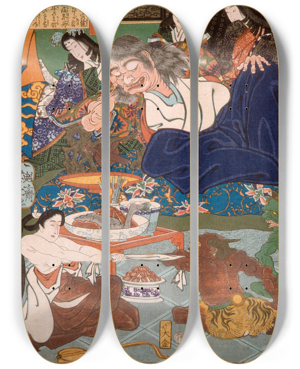 Triptych art skateboard deck of Tsukioka Yoshitoshi Shutendji Surrounded By Women by Tsukioka Yoshitoshi (1839-1892)