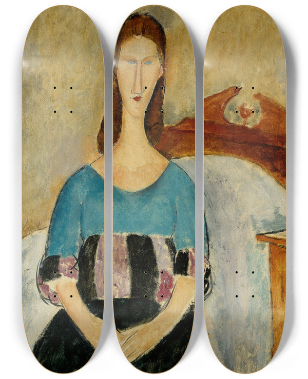 Triptych art skateboard deck of Amedeo Modigliani Portrait Of Jeanne Hebuterne Seated by Amedeo Modigliani (1884-1920)