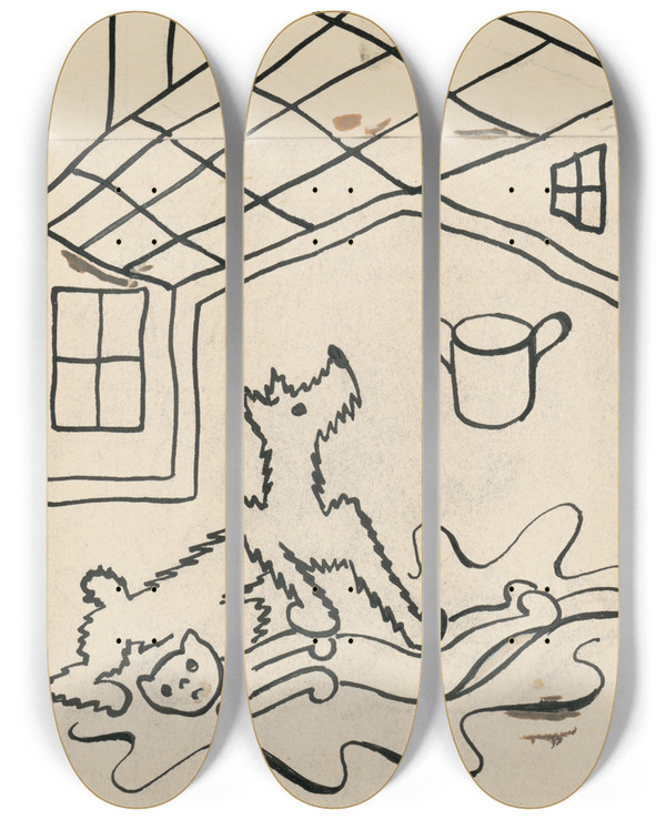 Triptych art skateboard deck of Josef Apek I Had A Dog And A Cat Pl 26 by Josef apek (1887-1945)