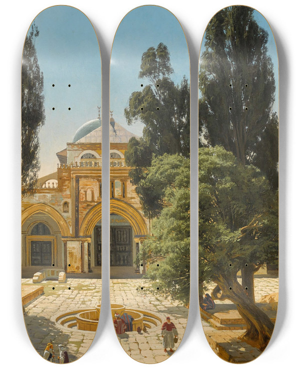 Triptych art skateboard deck of Carl Cowen Schirm The Alaqsa Mosque Jerusalem by Carl Cowen Schirm