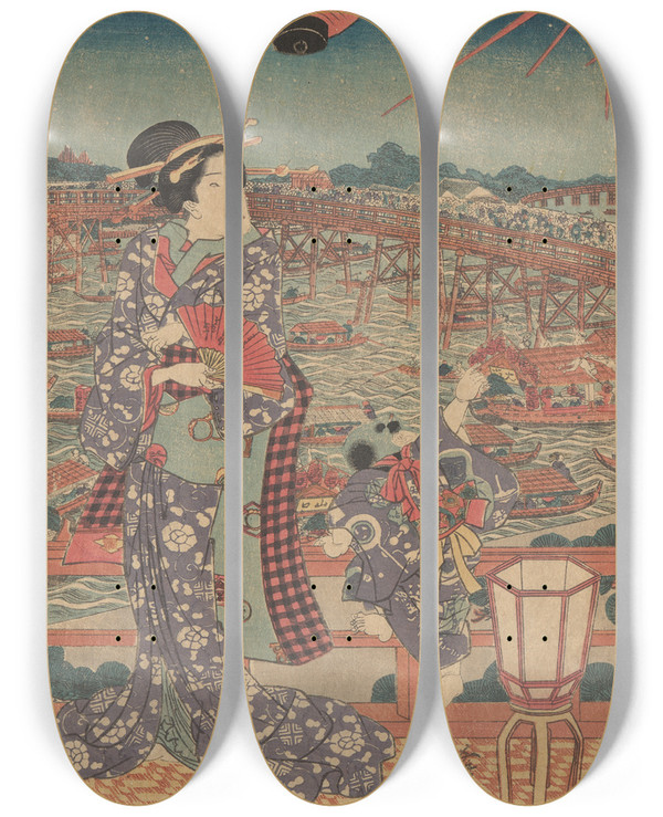 Triptych art skateboard deck of Utagawa Kunisada Toyokuni Iii Woman And Child In Purple Kimono Overlooking Boats And Bridge by Utagawa Kunisada (Toyokuni III) (1786-1865)