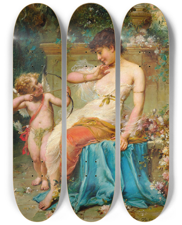 Triptych art skateboard deck of Hans Zatzka Cupid_2 by Hans Zatzka (1859-1945)