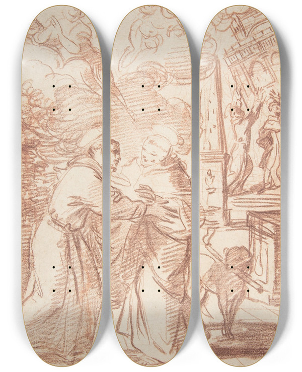Triptych art skateboard deck of Francisco Vieira De Mattos Saint Francis Meeting Saint Dominic by Francisco Vieira De Mattos (1699-1783)