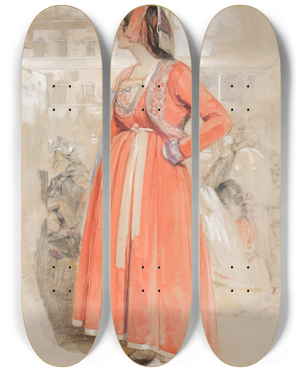 Triptych art skateboard deck of John Frederick Lewis Study Of A Young Neapolitan Woman In Rome by John Frederick Lewis (1805-1876)