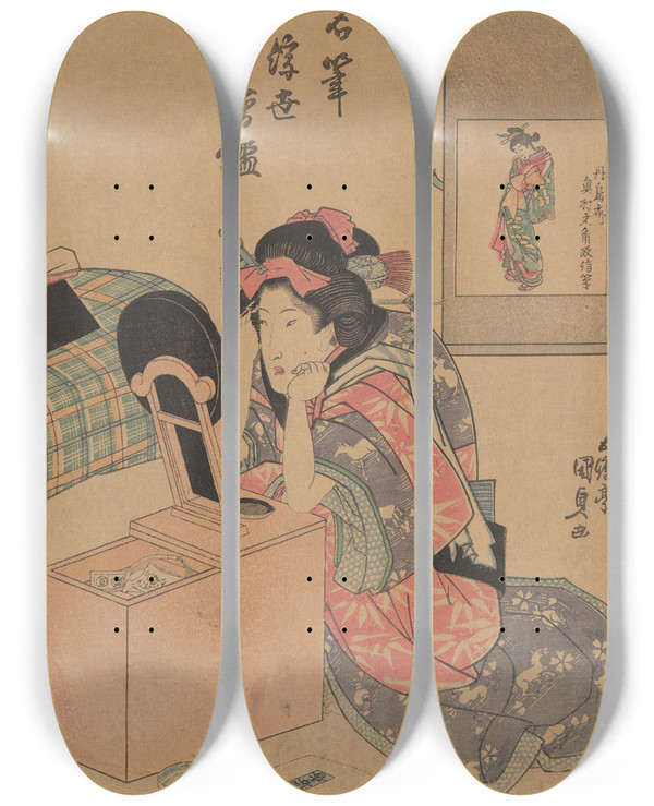 Triptych art skateboard deck of Utagawa Kunisada Toyokuni Iii Woman Seated Before A Makeup Mirror by Utagawa Kunisada (Toyokuni III) (1786-1865)