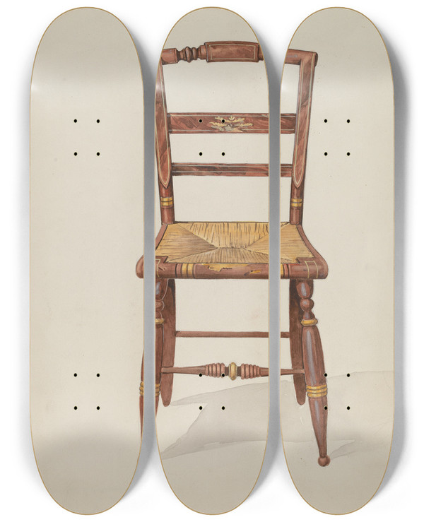 Triptych art skateboard deck of Dana Bartlett Rush Bottom Chair by Dana Bartlett