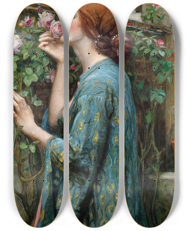 Triptych art skateboard deck of John William Waterhouse The Soul Of The Rose by John William Waterhouse (1849-1917)