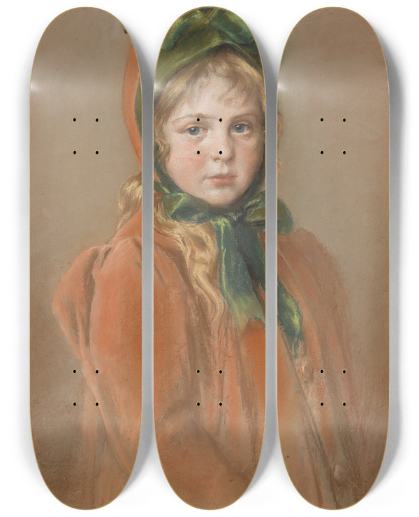 Triptych art skateboard deck of Wilhelm Carl Ruber Mdchenportrt Mit Grner Schleife Die Tochter Des Knstlers by Wilhelm Carl Rauber (1849-1926)