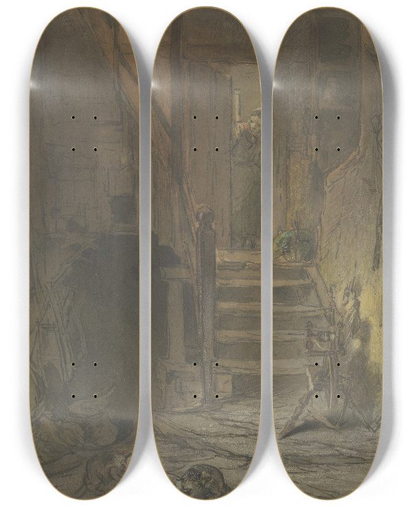 Triptych art skateboard deck of Anton Burger Vorplatz Eines Bauernhauses Rechts Ein Spinnrad Links Zwei Streitende Katzen by Anton Burger (1824-1905)