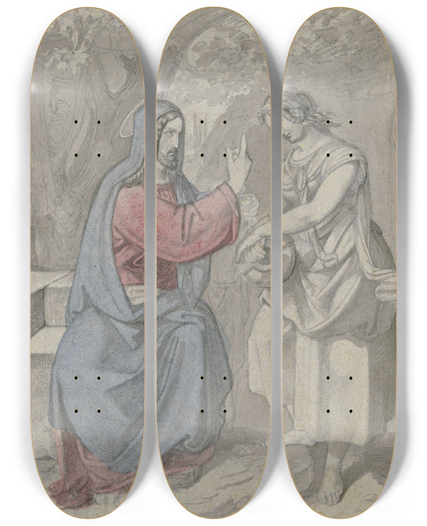 Triptych art skateboard deck of Ferdinand Fellner Christ And The Samaritan Woman At The Well by Ferdinand Fellner (1799-1859)