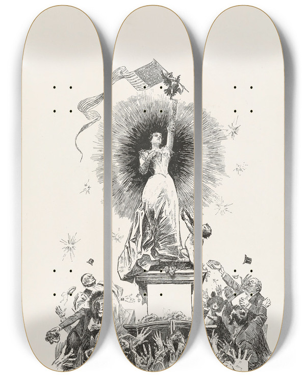 Triptych art skateboard deck of Charles Dana Gibson Fourth Of July by Charles Dana Gibson (1867-1944)