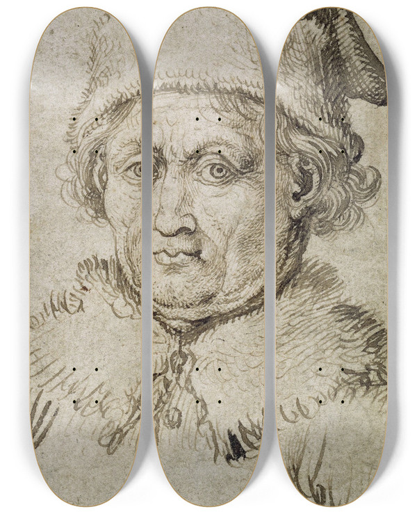 Triptych art skateboard deck of Martin Schongauer Bustlength Image Of An Old Man With Fur Collar And Hat by Martin Schongauer (1435-1491)
