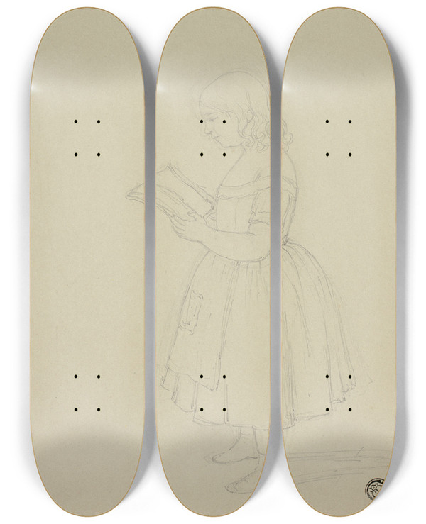 Triptych art skateboard deck of Elizabeth Murray Young Girl Reading by Elizabeth Murray (1815-1882)