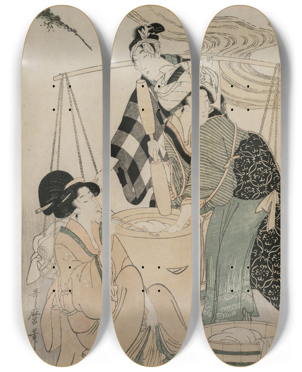 Triptych art skateboard deck of Kitagawa Utamaro Settsu Province From The Series Fashionable Six Jewel Rivers Furyu Mu Tamagawa by Kitagawa Utamaro (1753-1806)