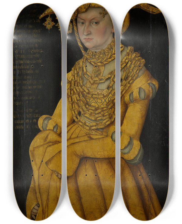 Triptych art skateboard deck of Lucas Cranach The Elder Portrait Of The Duchess Catherine by Lucas Cranach The Elder (1472-1553)