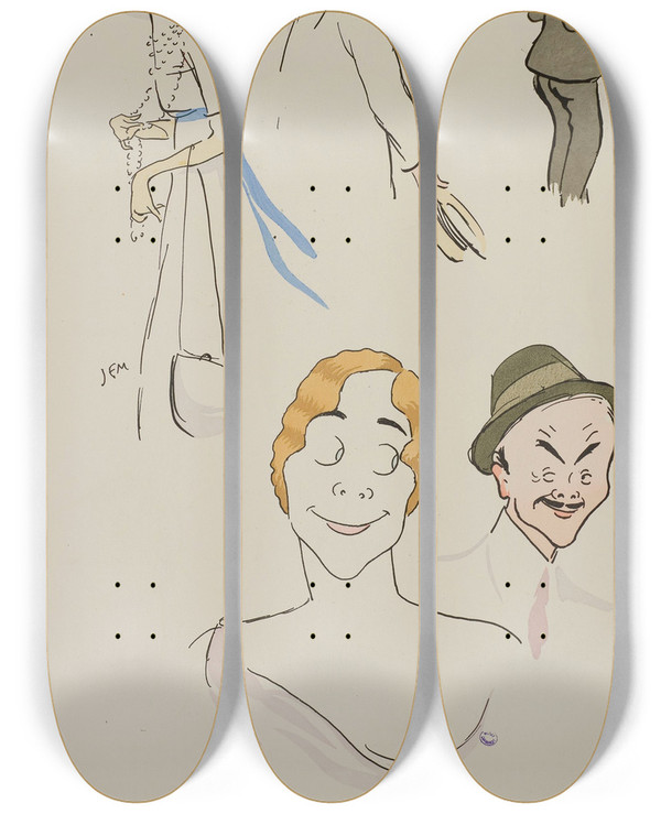 Triptych art skateboard deck of Georges Goursat Sem M Et Mme Doyen Saintalay M Et Mme Charron by Georges Goursat (Sem) (1863-1934)