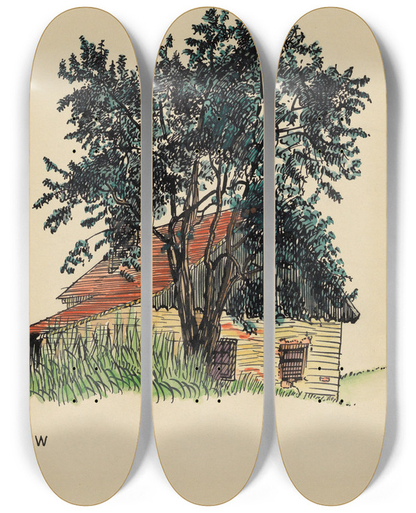 Triptych art skateboard deck of Karl Wiener Ohne Titel Bauernhaus_2 by Karl Wiener (1901-1949)