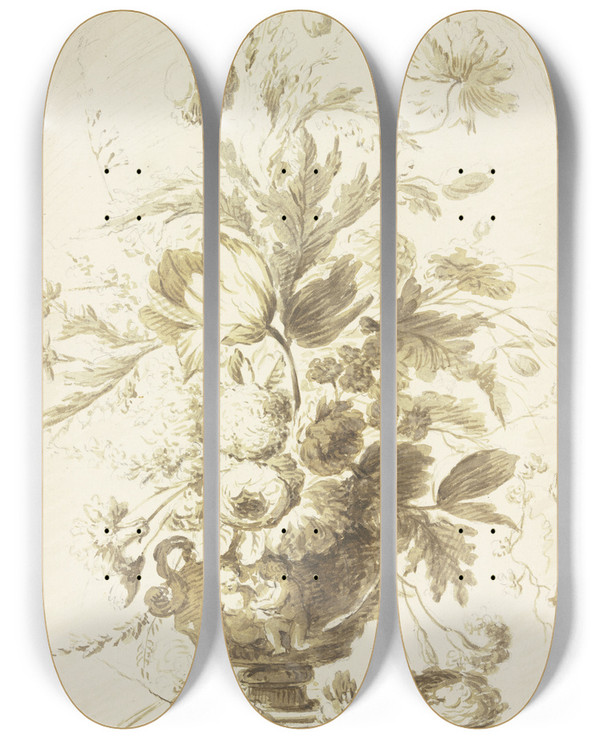 Triptych art skateboard deck of Jan Van Huysum Bouquet In Einer Vase In Einer Nische Stehend by Jan Van Huysum (1682-1749)