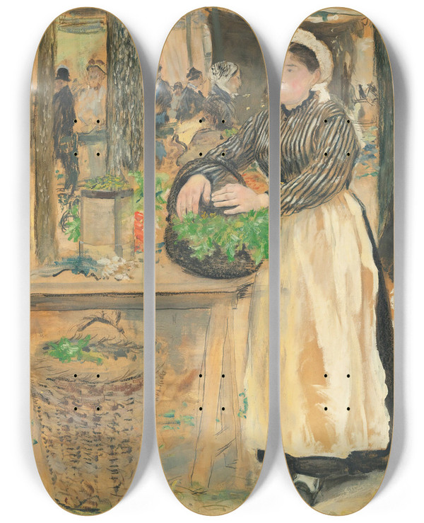Triptych art skateboard deck of Jean Franois Raffalli La Cuisinire Au March by Jean Francois Raffaelli (1850-1924)