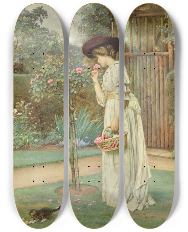 Triptych art skateboard deck of Charles Edward Wilson Roses In Bloom by Charles Edward Wilson (1854-1941)